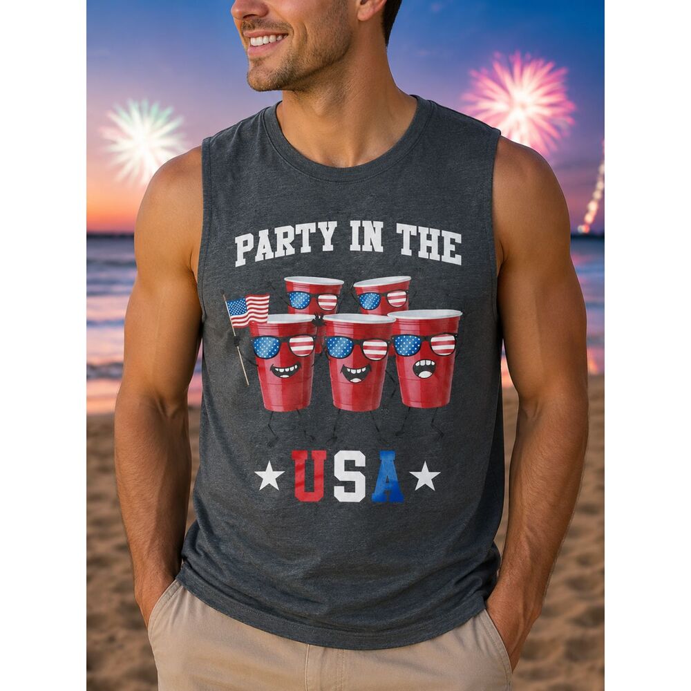 Red Party Cups Party in the USA Gray Sleeveless Muscle Tank Top Shirt New 2XL